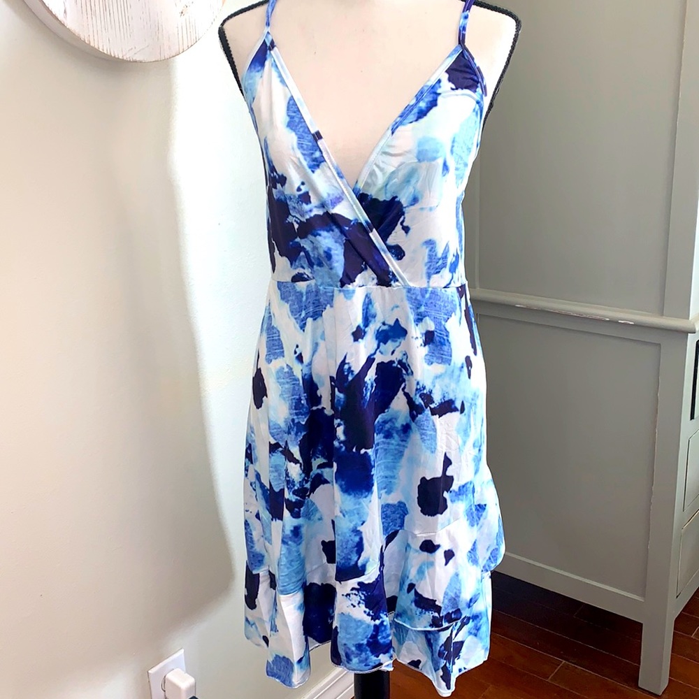 NWOT Blue and white spaghetti strap dress with flirty ruffle hem